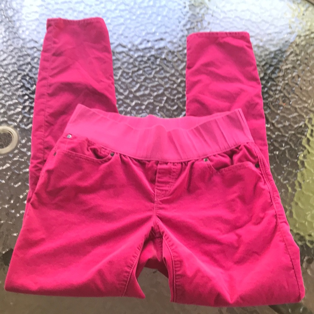 Bright pink maternity micro cords.